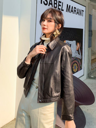 Haining Spring and Autumn New Casual Motorcycle Leather Jacket Small Coat Sheepskin Genuine Leather Jacket Women's Short Slim Fit