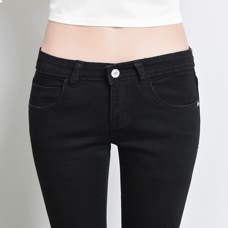 Low-Waisted Fleece-Lined Jeans for Women, Stretchy, Slim-Fit, Tapered, Simple, Versatile, Student Style, Black, Thickened, Winter Version, Korean Style Long Pants