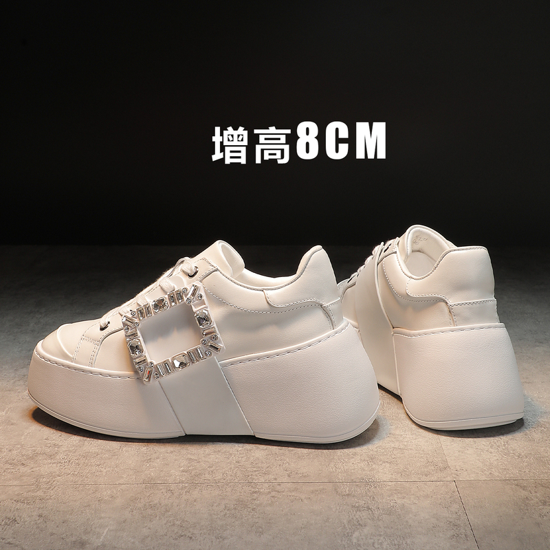 Baby-Style Rhinestone Square Buckle White Sneakers for Women, Genuine Leather Thick-Soled Shoes with an 8cm Internal Height Increase, Casual Sneakers for Petite Individuals