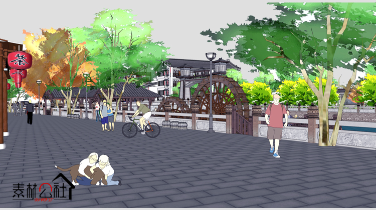 sketchup中式壮族少数民族商业街古镇旅游景区滨水景观设计SU模型 第9张
