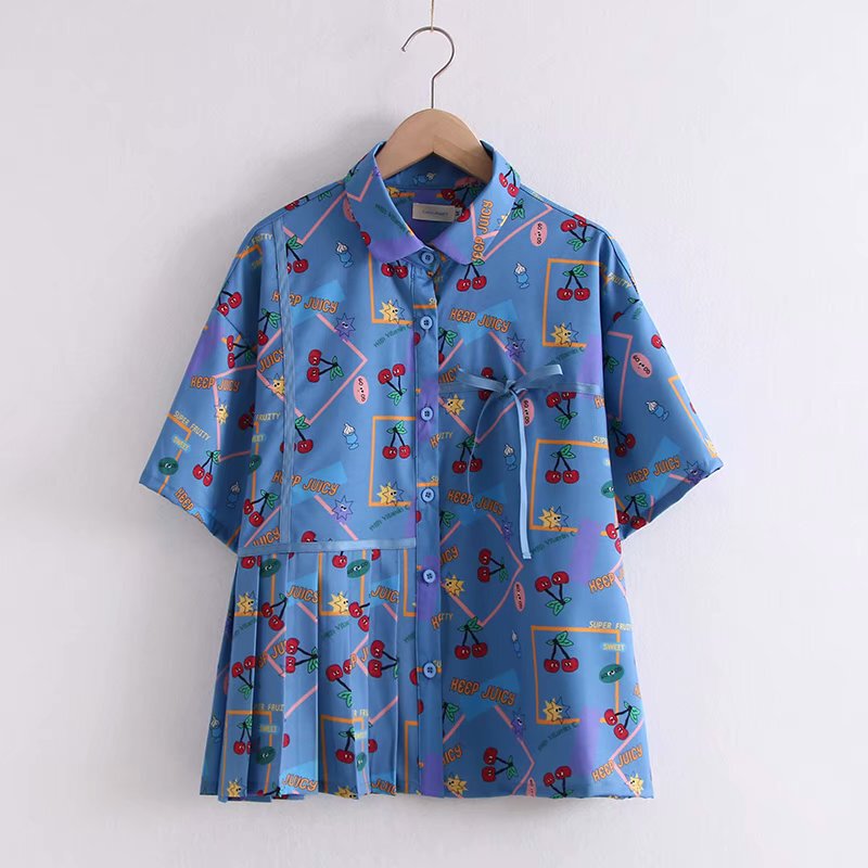 Fruit Sticker Series 2020 Summer New Cute Cherry Blue Short Sleeve Loose Shirt for Girls Fruit Sticker Series 2020 Summer New Cute Cherry Blue Short Sleeve Loose Shirt for Girls