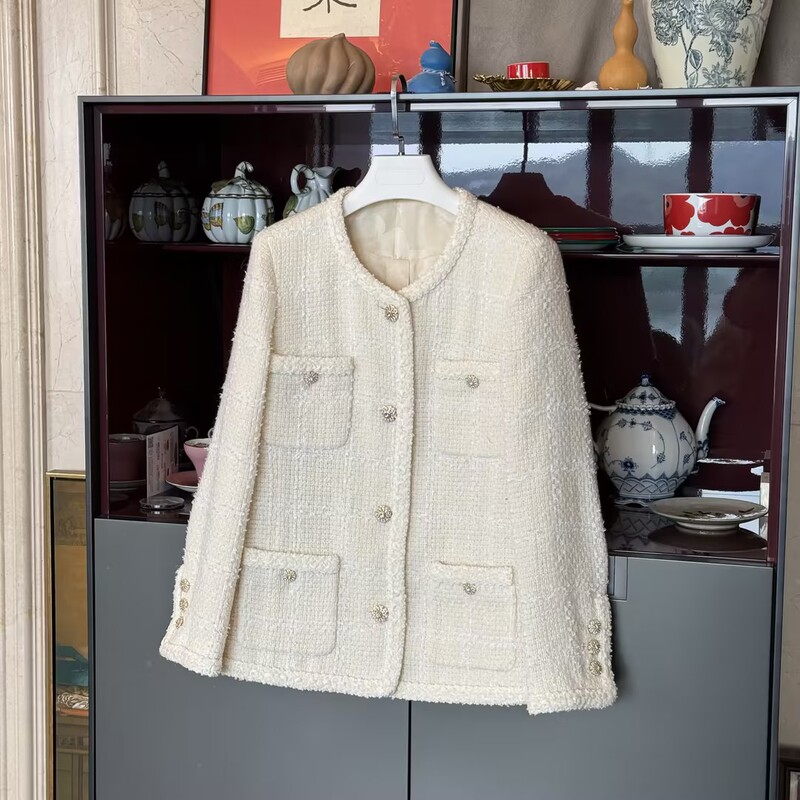 "Hepburn White Jacket" Myl 2026 Linton Wool Blend Chanel-Style Jacket with Round Neck and Long Sleeves
