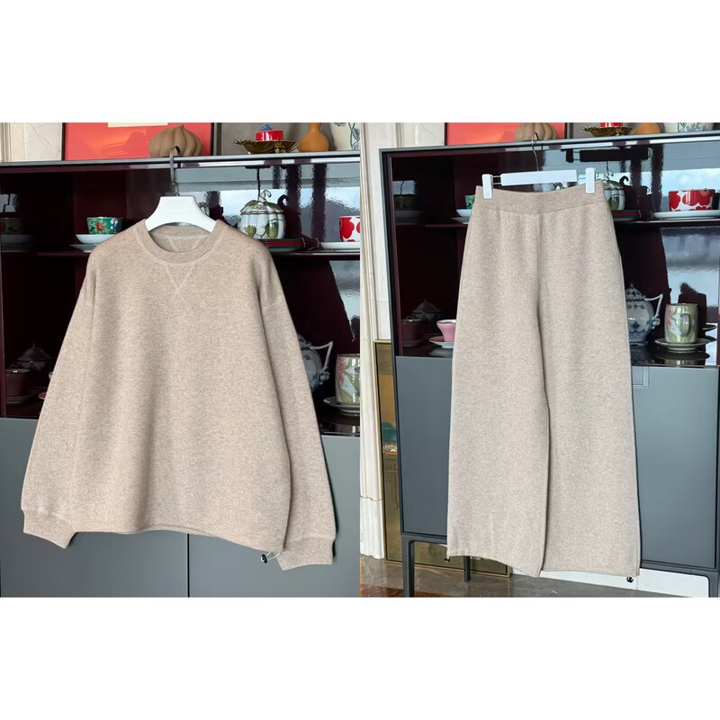 Cloud Cashmere Series - Weekend Set Myl26 Autumn Cashmere Set Round Neck Drawstring Elastic Waist Casual Pants