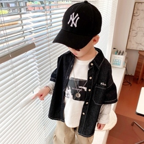 Handsome Japanese style ~ boy fake two long sleeve shirt 2021 autumn new baby cotton denim shirt tide