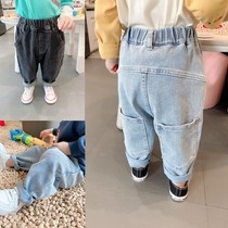 Giant soft glutinous belt elastic boy 2021 autumn comfortable Joker jeans baby spring and autumn loose foreign pants