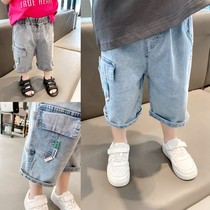 Soft cotton cotton boys thin denim pants handsome overalls 2021 summer children baby five-point pants tide