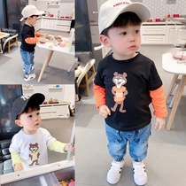 Boy baby thin fake two-piece T-shirt Spring and Autumn childrens clothing Infant childrens cartoon top base shirt tide