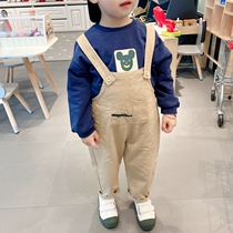 Childrens cotton strap pants 2021 Spring childrens clothing boys baby spring and autumn casual trousers solid color conjoined pants tide tide