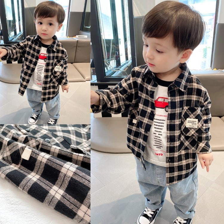 Closed eye entry ~ Fried Chicken Soft Boy Handsome Gas Plaid Shirt Small & Medium Boy Baby Foreign Spring Autumn Clothing Pure Cotton Shirt