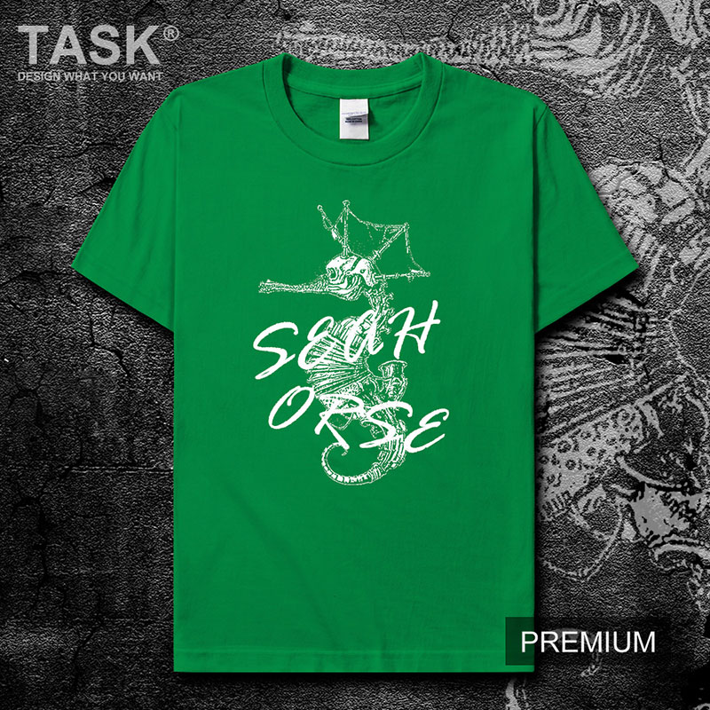 TASK Marine Seahorse Summer gốc lớn Mã bông ngắn tay áo thun nam và nữ Casual Hip-Hop trên 0007