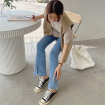 Pregnant women split jeans 2021 New slim belly belly slender pants straight thin trousers horn wide legs