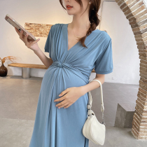 Pregnant women dress summer high-end temperament Korean fashion twist knot hot mom foreign style long short sleeve skirt