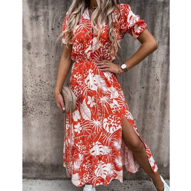 European and American style summer V-neck buttoned waist floral print split ruffled short-sleeved mid-length dress DRESS