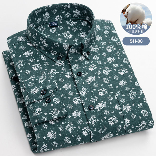 Paul 100% cotton 100% men's cotton floral shirt long-sleeved men's floral shirt for young and middle-aged people cotton oxford large size printed shirt for men