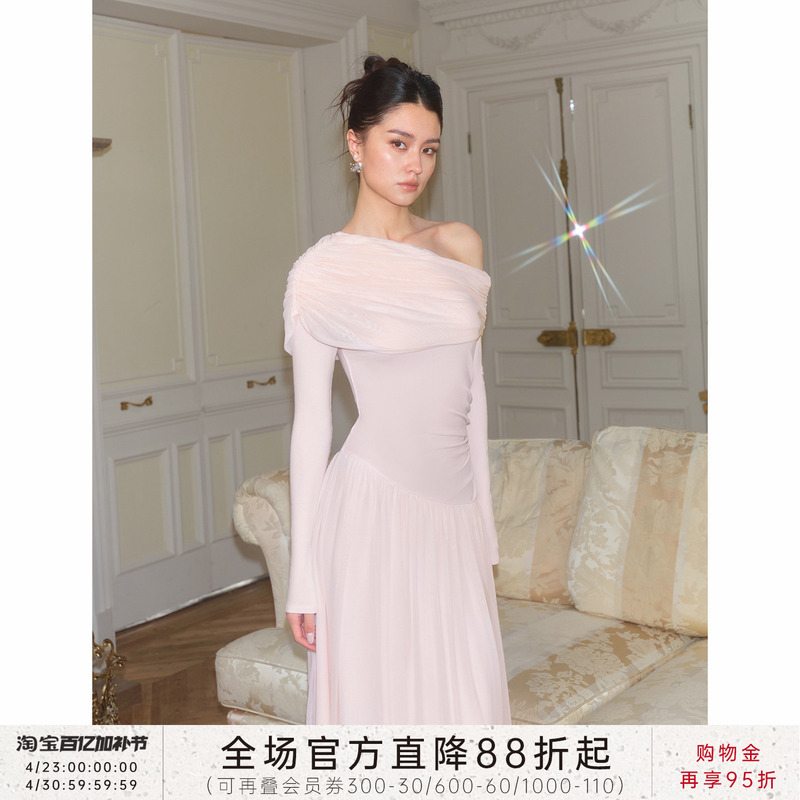 J Thechosen "Pink Story" Milkshake Pink Mesh One-Shoulder Ruched Big Hem Long Knit Dress