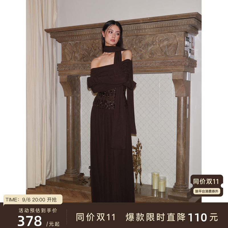 J Thechosen "Twilight Galaxy" One-Shoulder Sequin Long-Sleeve Scarf Two-Piece Dress Long Skirt