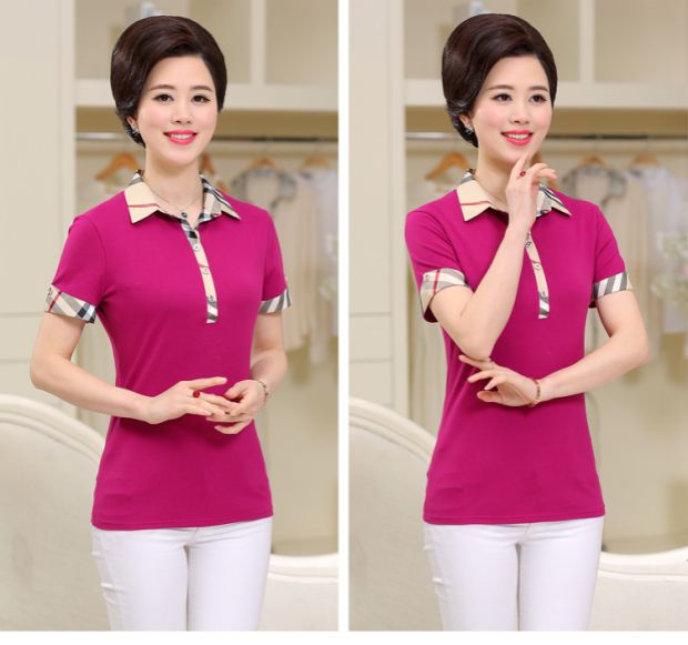 Giải phóng mặt bằng cho phụ nữ trung niên mùa hè Áo thun ngắn tay cho phụ nữ trung niên kẻ sọc cotton cổ áo ngắn - Quần áo của mẹ áo khoác tuổi trung niên
