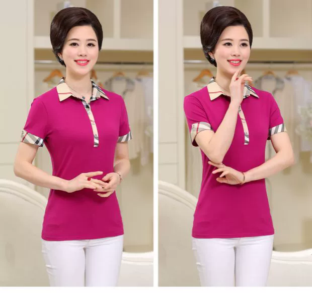 Giải phóng mặt bằng cho phụ nữ trung niên mùa hè Áo thun ngắn tay cho phụ nữ trung niên kẻ sọc cotton cổ áo ngắn - Quần áo của mẹ áo kiểu trung niên