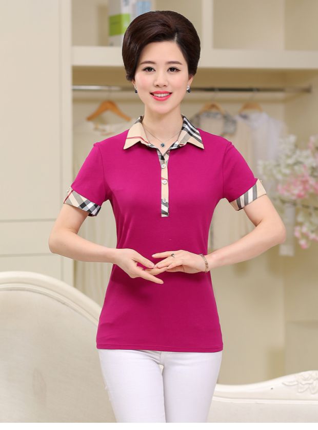 Giải phóng mặt bằng cho phụ nữ trung niên mùa hè Áo thun ngắn tay cho phụ nữ trung niên kẻ sọc cotton cổ áo ngắn - Quần áo của mẹ áo khoác tuổi trung niên