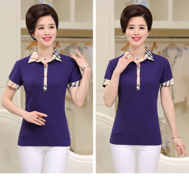 Giải phóng mặt bằng cho phụ nữ trung niên mùa hè Áo thun ngắn tay cho phụ nữ trung niên kẻ sọc cotton cổ áo ngắn - Quần áo của mẹ áo khoác tuổi trung niên