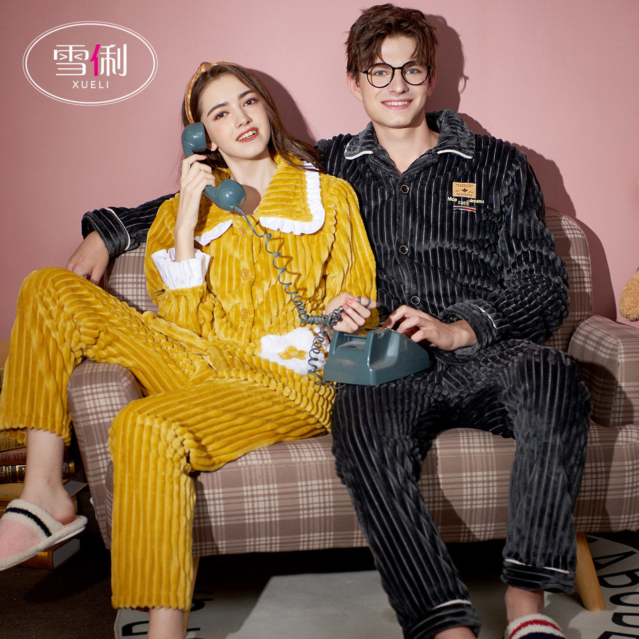 Snow coral velvet pajamas women winter thickened plus flannel couple homewear winter suit autumn and winter size