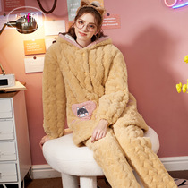 Xueli coral velvet pajamas womens autumn and winter three-layer padded jacket thickened plus velvet warm home clothing flannel suit