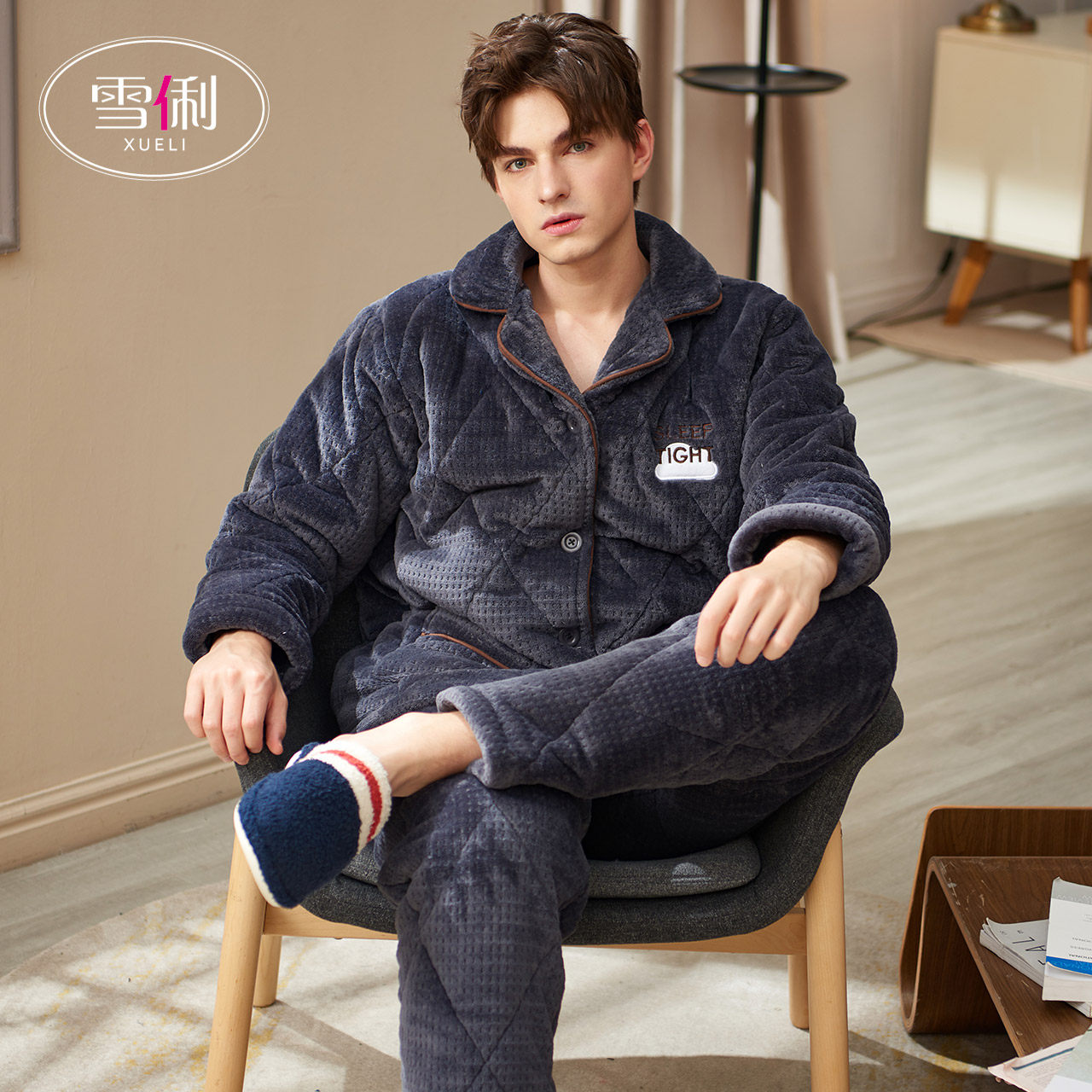 Snow Li men's pajamas winter thickened plus fleece three layers of cotton coral fleece flannel autumn and winter warm homewear