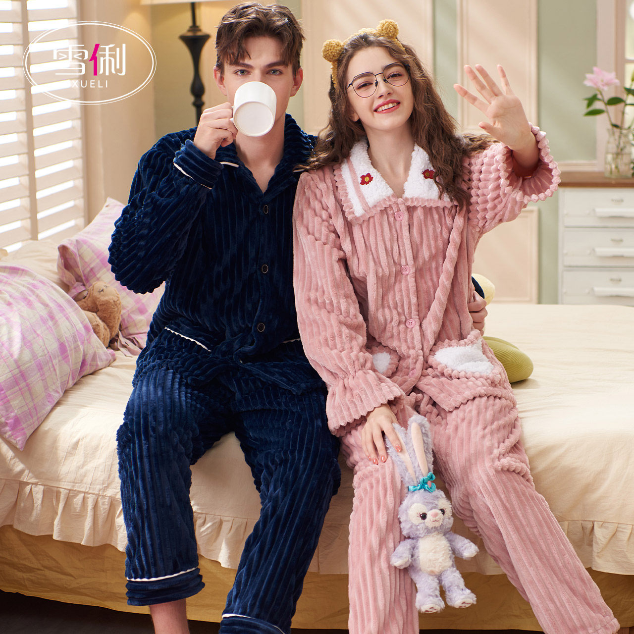 Snow li lovers pajamas women autumn winter coral fleece thickened plus fleece warm flannel men's loungewear set winter