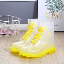 Flat-bottomed jelly rain boots Korean version of student fashion all-match transparent short tube womens outdoor non-slip rubber shoes lace-up rain boots tide