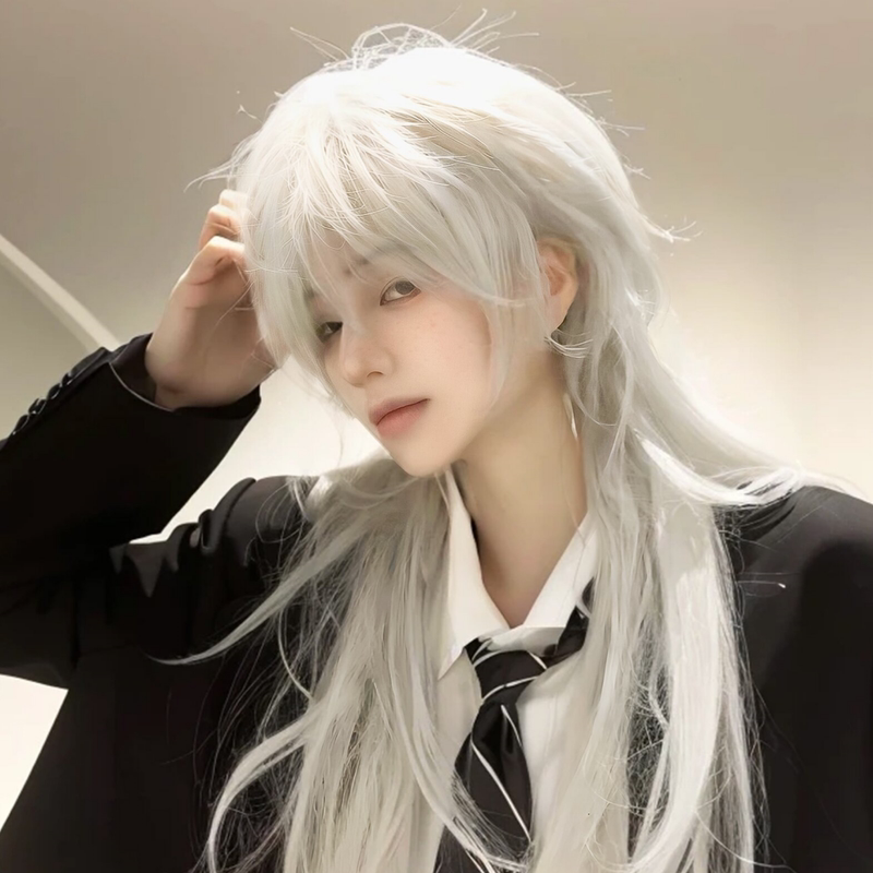 White Jellyfish Head Wolf Tail Wig Unisex Atmospheric Neutral Style Handsome Mullet Head High-End Full Wig