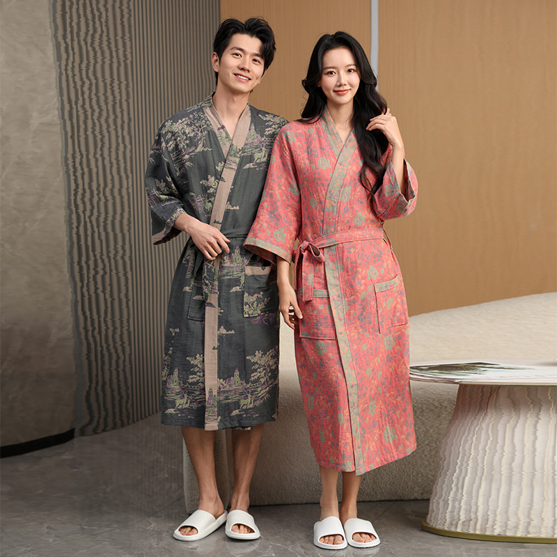 Summer Cotton Nightgown for Men and Women, Absorbent Bathrobe, Double-Layer Gauze Thin Bathrobe, Chinese Style Retro Couple's Nightgown, Large Size Summer Cotton Nightgown for Men and Women, Absorbent Bathrobe, Double-Layer Gauze Thin Bathrobe, Chinese Style Retro Couple's Nightgown, Large Size
