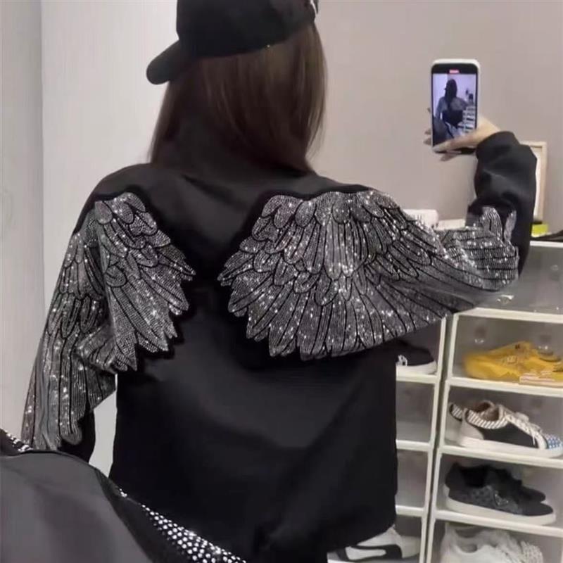 2026 Spring American Style Black Angel Wings Jacket with Rhinestones, Trendy Unisex Internet Celebrity Brand Loose Fit Coat