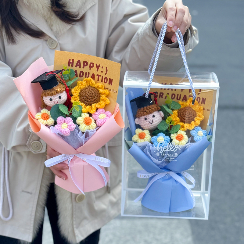 Creative Finished Product, Hand-Knitted Wool Sunflower Graduation Bouquet Gift Box, Elementary School and Kindergarten Gifts for Children