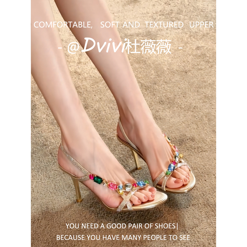 【Du Weiwei】Colorful Beauty~ French Open-Toe Sandals for Women, Stunning Summer Rhinestone Gemstone High Heels with Thin Heels 【Du Weiwei】Colorful Beauty~ French Open-Toe Sandals for Women, Stunning Summer Rhinestone Gemstone High Heels with Thin Heels