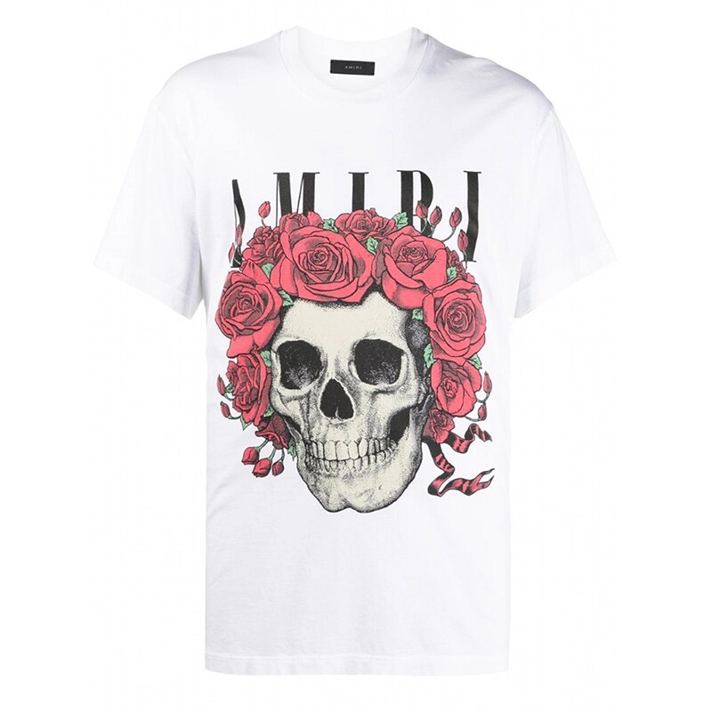 AMIRI daily youth high street black and white rose skull print T-shirt loose short-sleeved men's half-sleeved tide
