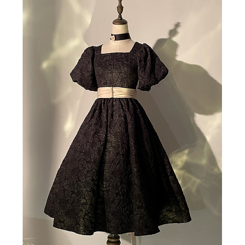 Square Neck Black OP + Belt (Final)【 Balance 】 ZJ Auxiliary line .Souther   Genuine original Gilding years French relief puff sleeve Dress