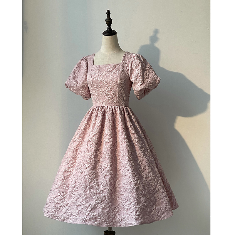 Square Collar Pink Op (Final)【 Balance 】 ZJ Auxiliary line .Souther   Genuine original Gilding years French relief puff sleeve Dress