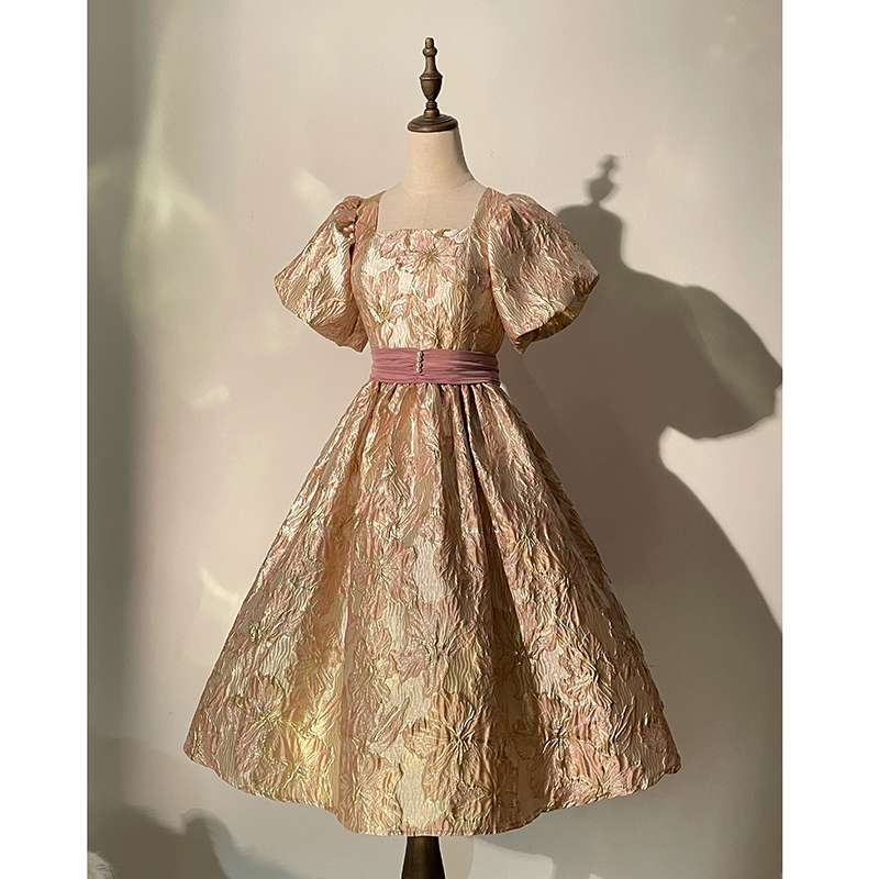 Square Neck Pink Gold SP + Belt (Final)【 Balance 】 ZJ Auxiliary line .Souther   Genuine original Gilding years French relief puff sleeve Dress
