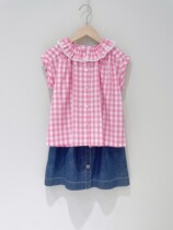 Girl Doll Collar Pink Plaid Shirt Child Lace Collar Shirt Matching Denim Half Dress Loving Denim Dress