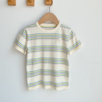 Girls knitted colorful striped short-sleeved top Childrens cherry light knitted short-sleeved T-shirt summer