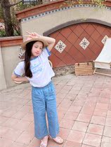 Girls light blue denim wide-leg pants Childrens summer thin flared pants Pure cotton denim trousers