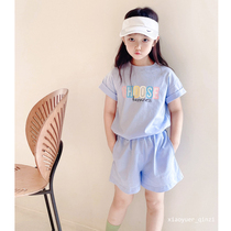 Girls Macaron Two-Color T-Shirt Set Childrens Cotton Letter T-Shirt Top with Shorts Purple Pink