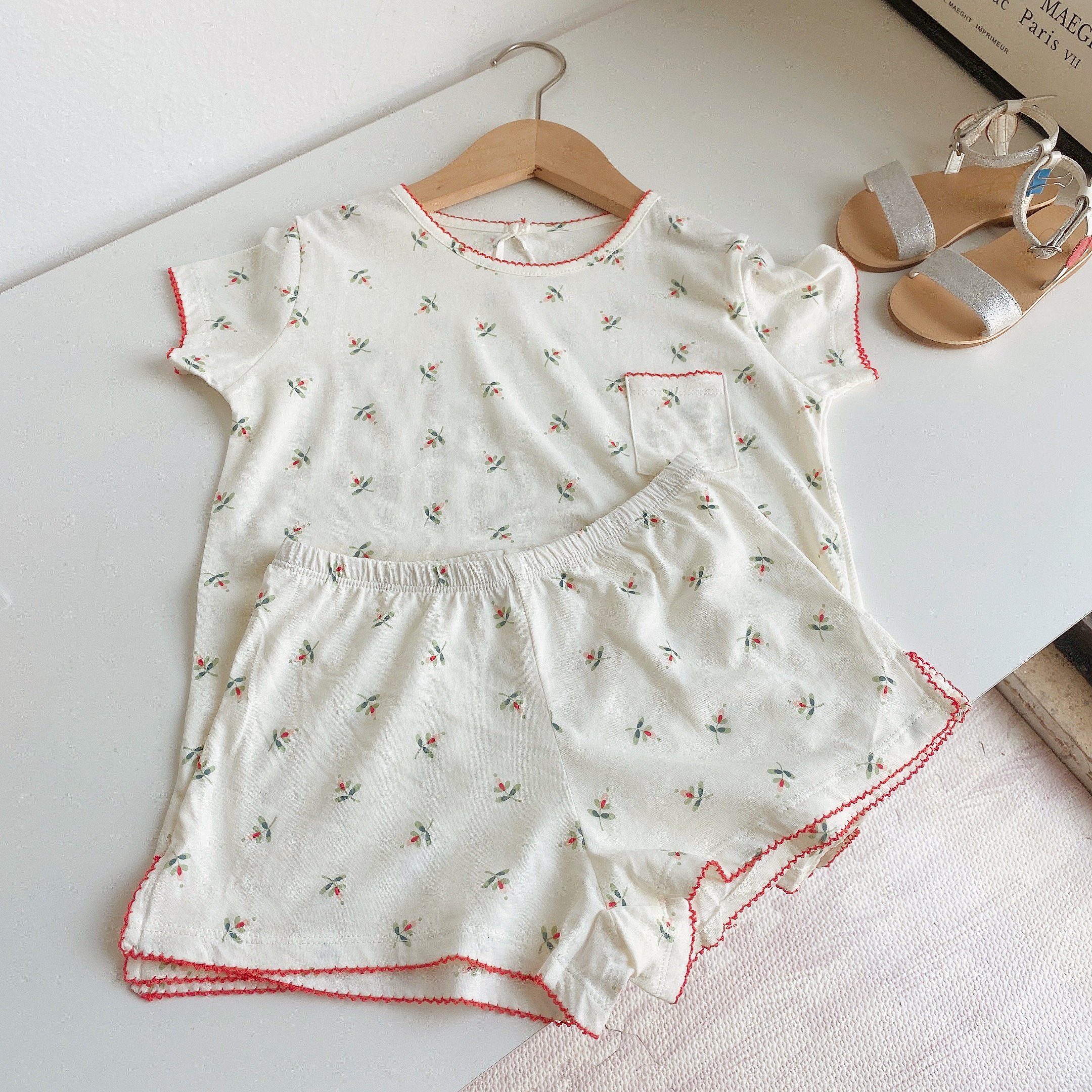 Girls little flowers and grass children's home clothes set cotton floral nightgown dress pajamas set summer nightdress