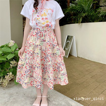 Girls floral T-shirt with floral skirt Childrens short-sleeved cotton T-shirt Small fresh suit