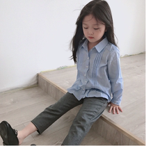 Girls Cotton Water Blue Long Sleeve Shirt Children Autumn Winter Bottom Shirt Blue Plaid Shirt