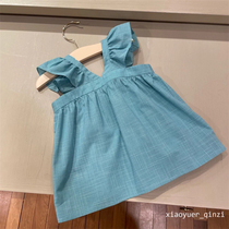 Girls Puff Sleeve Small Fly Sleeve Top Childrens Cross Suspender Shirt Ruffled Vest Shirt