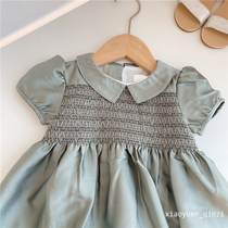 Girls matcha green imitation silk wrap dress childrens doll collar wrinkled skirt 22 spring and summer dress skirt