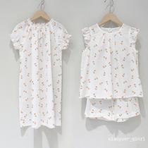 Little cherry print home pajamas set Childrens cotton nightdress Small fresh home clothes set