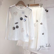 bp same girl Cherry beaded embroidered T-shirt childrens cotton white inner Top 21 early Autumn New