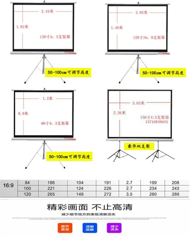 Giàn giáo màn hình máy chiếu 72 inch 84 inch 100 inch 120 inch 150 inch 4: 3/16: 9 sàn chiếu màn hình di động ngoài trời màn hình di động HD để gửi khung dày - Phụ kiện máy chiếu màn chiếu